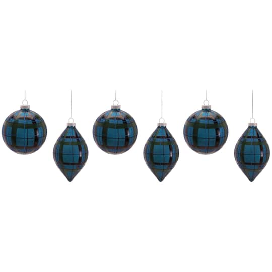 Melrose Ball & Finial Plaid Glass Ornaments Set